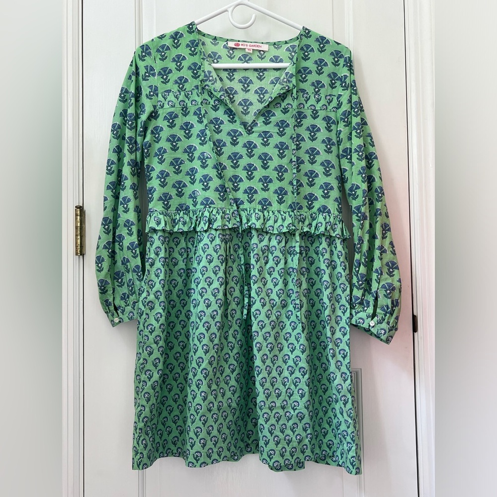 Ro’s Garden XS block print green 3/4 sleeve dress